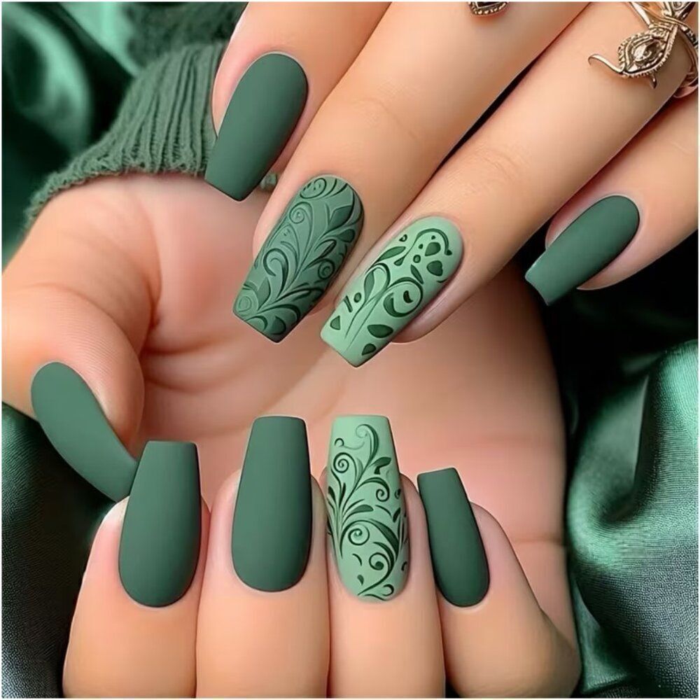 NWT Green Matte Coffin Press On Nails Floral Scroll Accent Medium Length Set